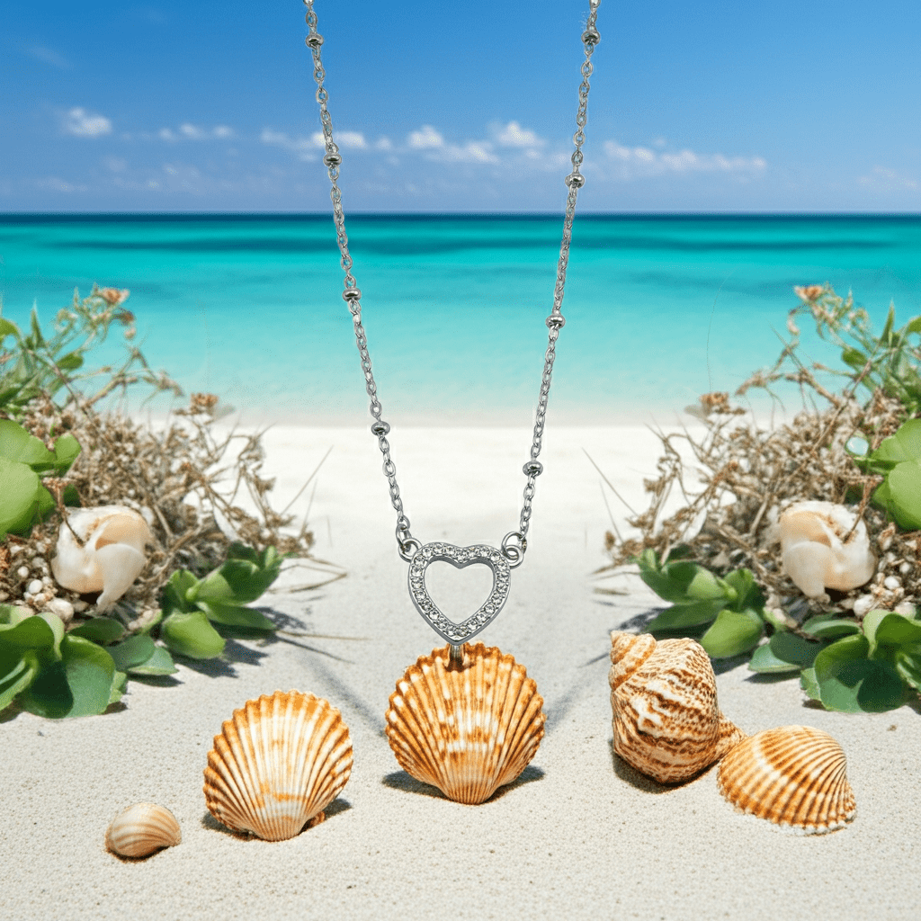 CHERISH Silver (White Gold): Beaded Chain Anchoring an Elegant Pavé Heart Charm Pendant - MacroPanora