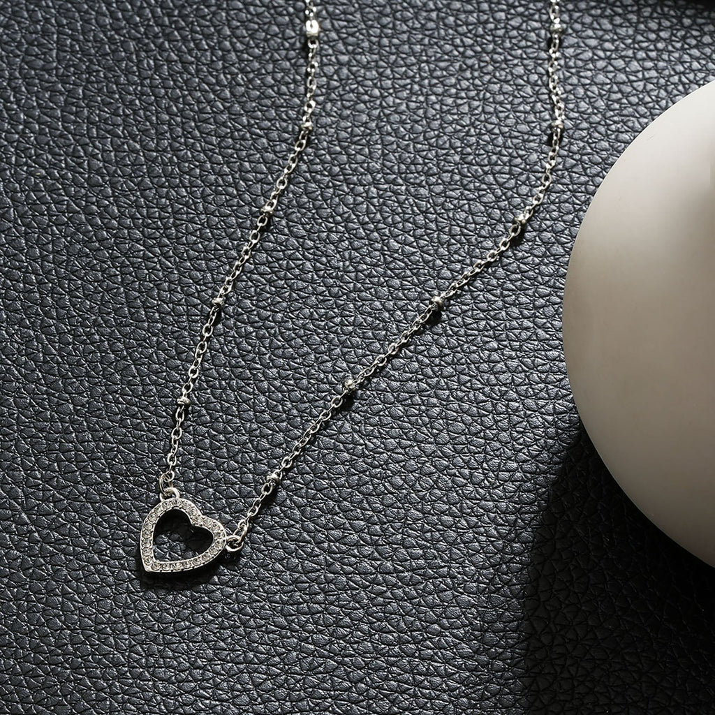 CHERISH Silver (White Gold): Beaded Chain Anchoring an Elegant Pavé Heart Charm Pendant - MacroPanora