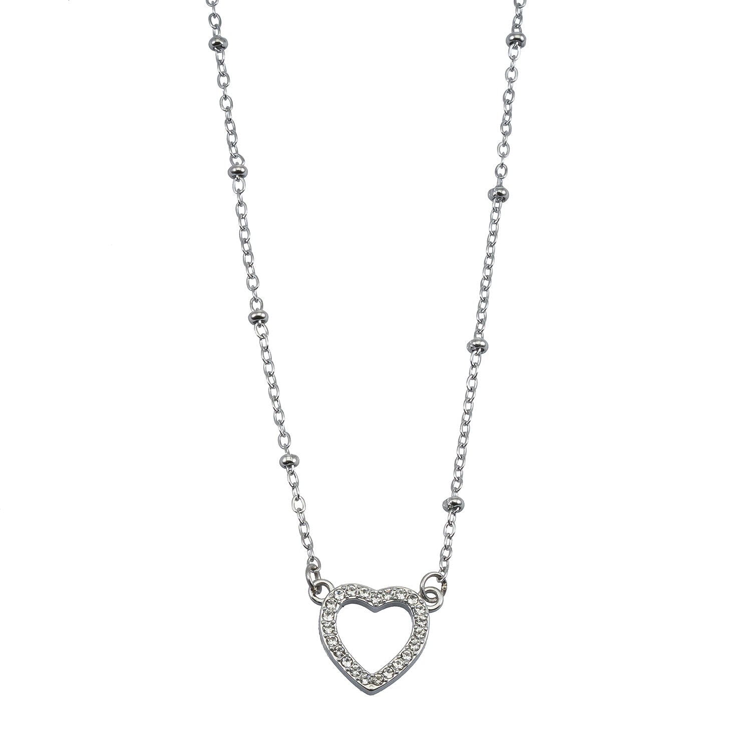 CHERISH Silver (White Gold): Beaded Chain Anchoring an Elegant Pavé Heart Charm Pendant - MacroPanora