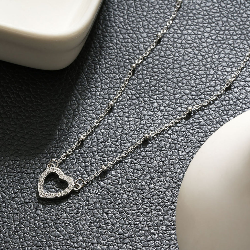 CHERISH Silver (White Gold): Beaded Chain Anchoring an Elegant Pavé Heart Charm Pendant - MacroPanora
