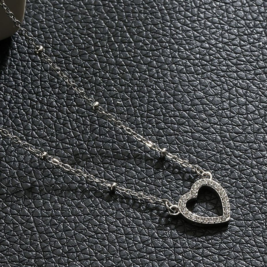 CHERISH Silver (White Gold): Beaded Chain Anchoring an Elegant Pavé Heart Charm Pendant - MacroPanora