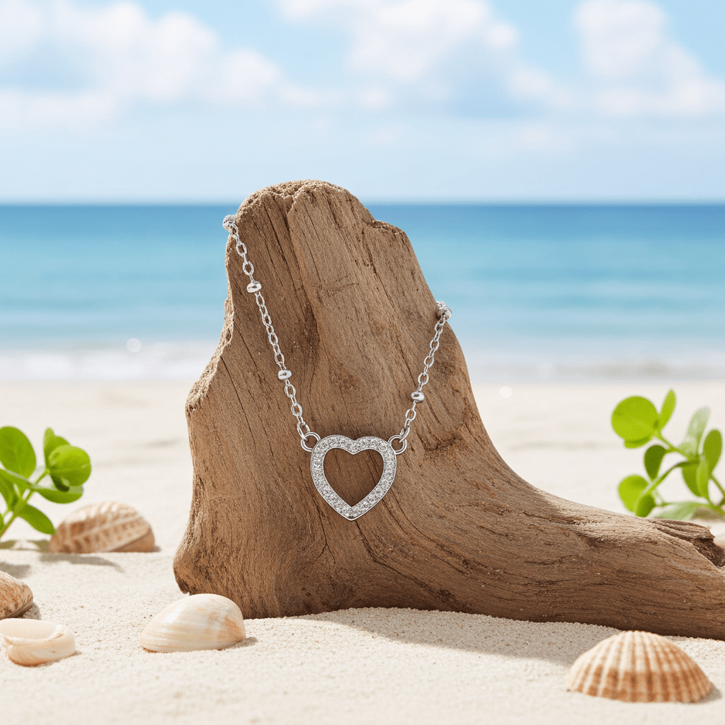 CHERISH Silver (White Gold): Beaded Chain Anchoring an Elegant Pavé Heart Charm Pendant - MacroPanora