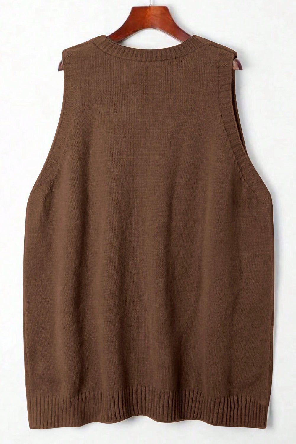 Chic Women's Dark Brown Ribbed Deep V Neck Tunic Sweater Vest with Front Pockets - Relaxed Fit for Effortless Layering - MacroPanora