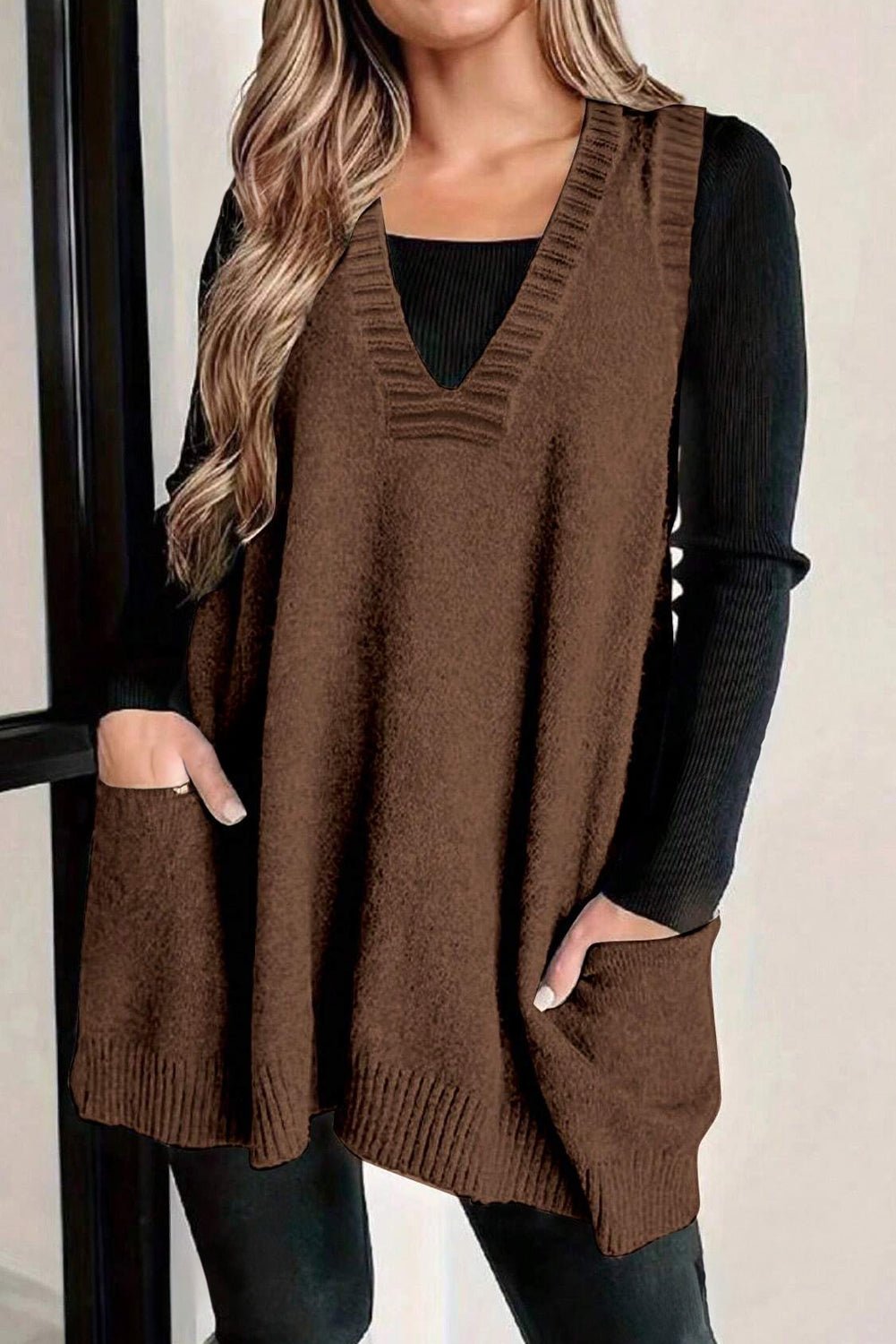 Chic Women's Dark Brown Ribbed Deep V Neck Tunic Sweater Vest with Front Pockets - Relaxed Fit for Effortless Layering - MacroPanora