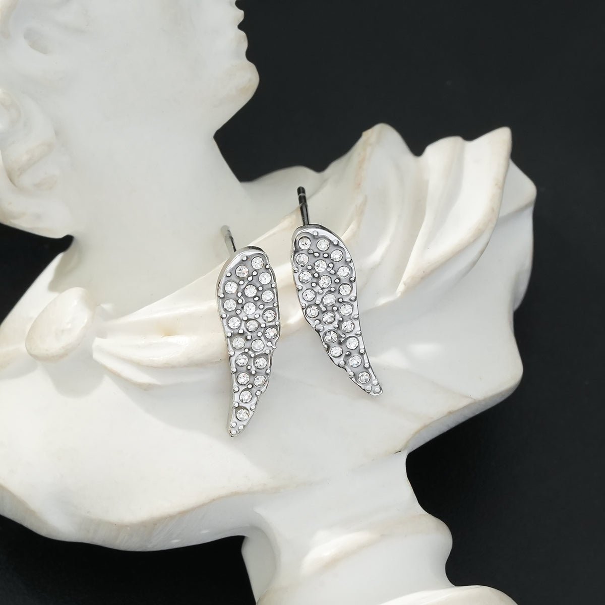 COMPTON White Gold (Silver Toned): Dazzling Pavé Zirconia Wing Shaped Stud Earrings – Elegant Sparkle for Every Occasion - MacroPanora