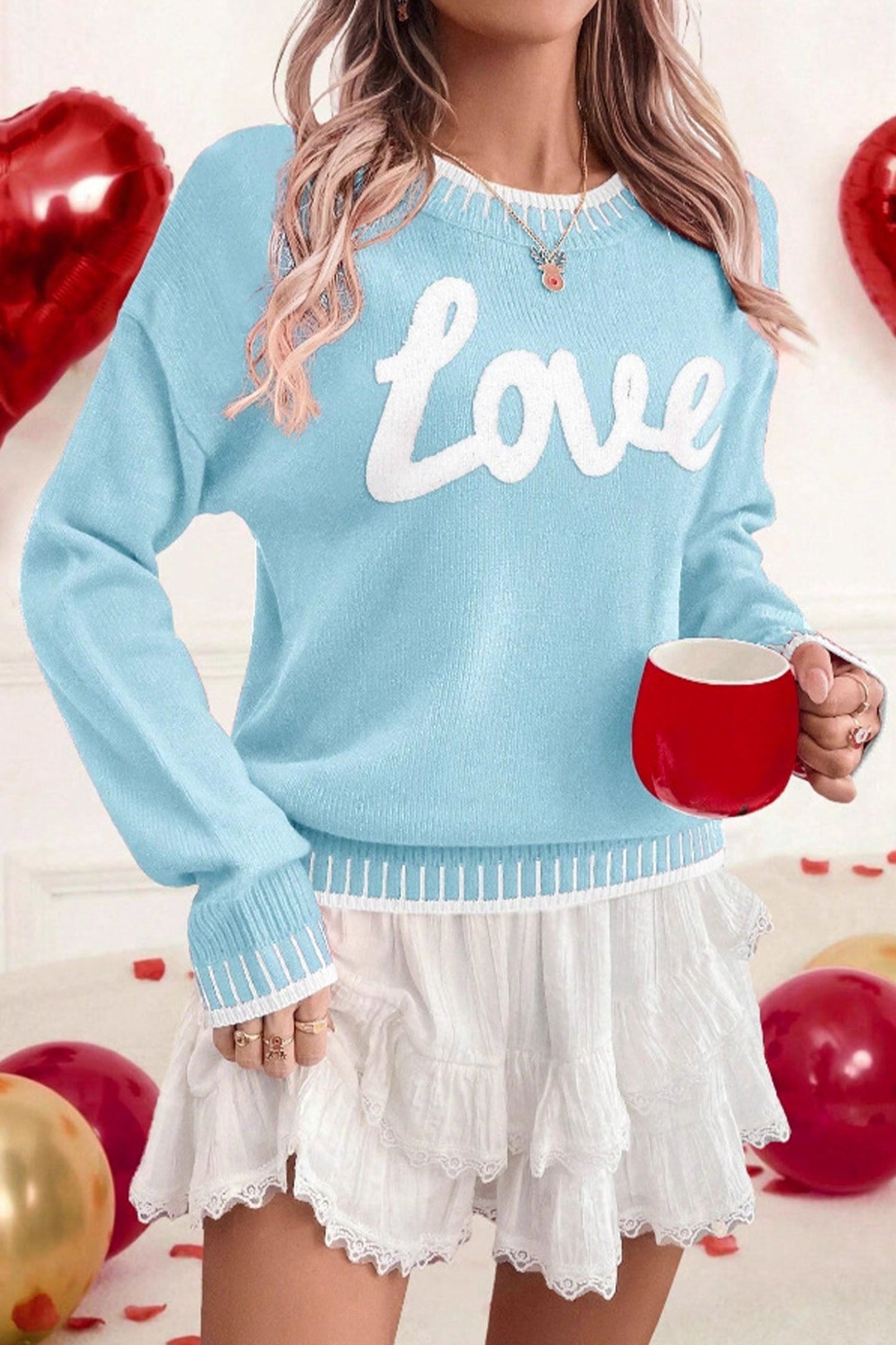 Cozy Light Blue Chenille Sweater for Women with Valentine Love Graphic - Perfect Casual Fit for Winter Style - MacroPanora