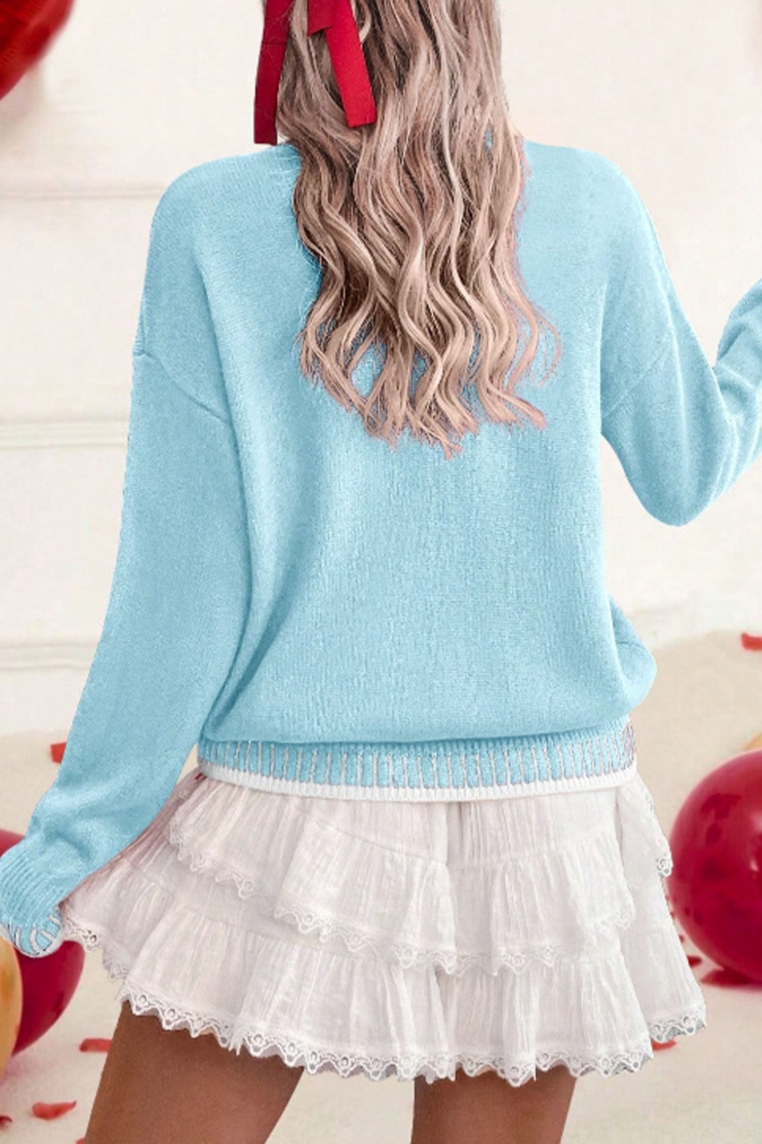 Cozy Light Blue Chenille Sweater for Women with Valentine Love Graphic - Perfect Casual Fit for Winter Style - MacroPanora