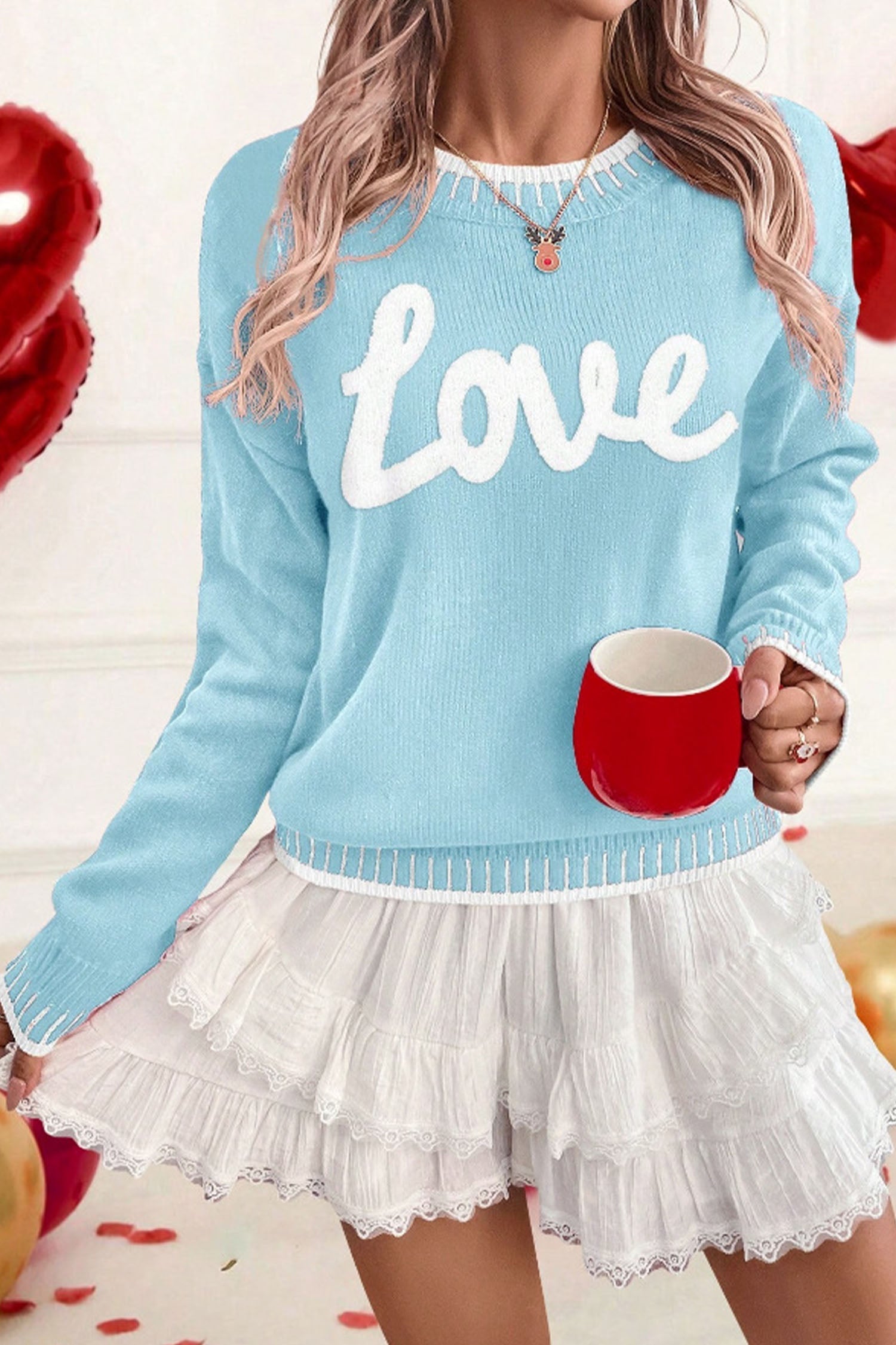 Cozy Light Blue Chenille Sweater for Women with Valentine Love Graphic - Perfect Casual Fit for Winter Style - MacroPanora