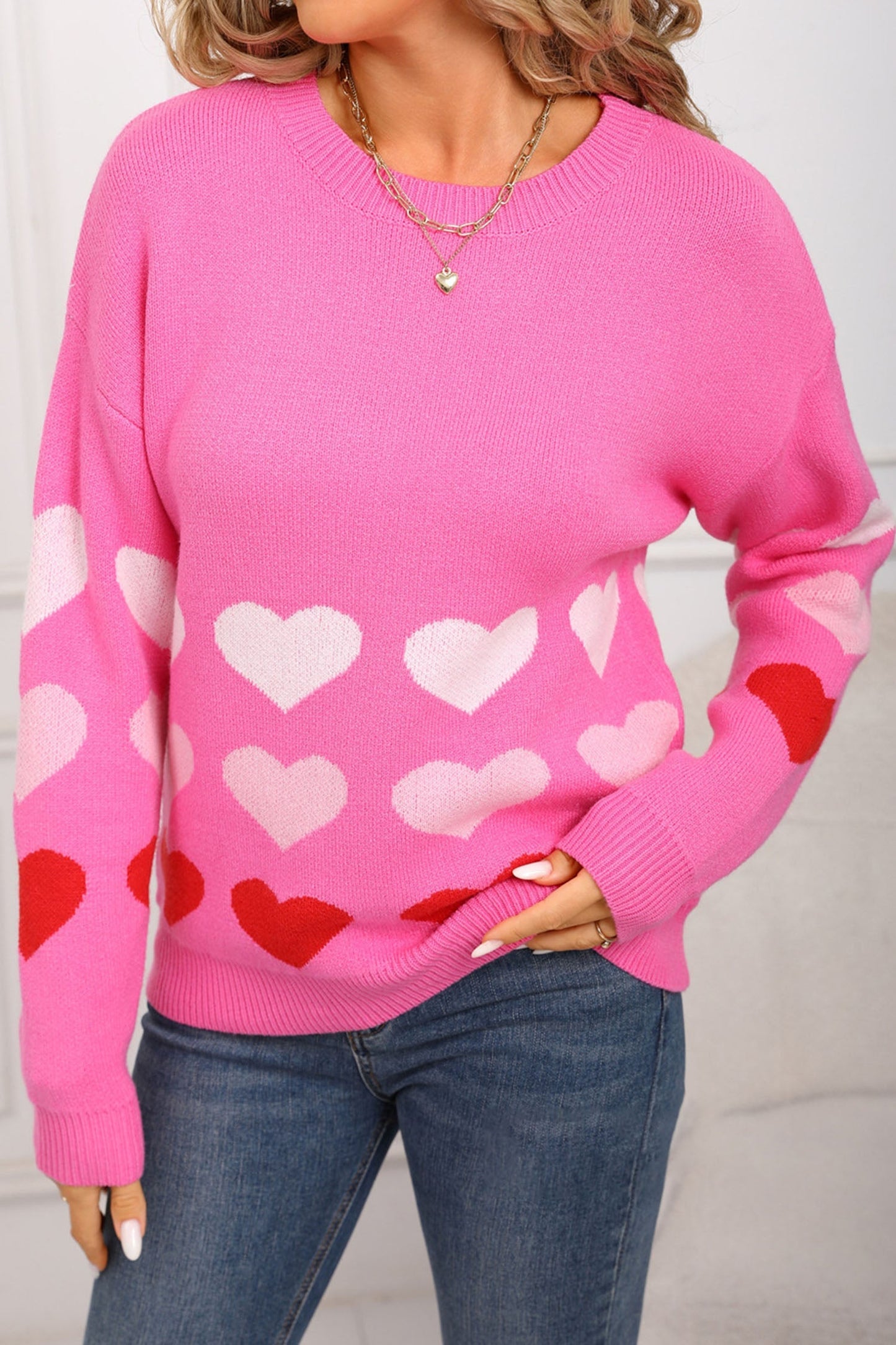 Cozy Romantic Rose Red Drop Shoulder Sweater for Women with Heart Pattern - Stylish Fall Essential for Any Occasion - MacroPanora