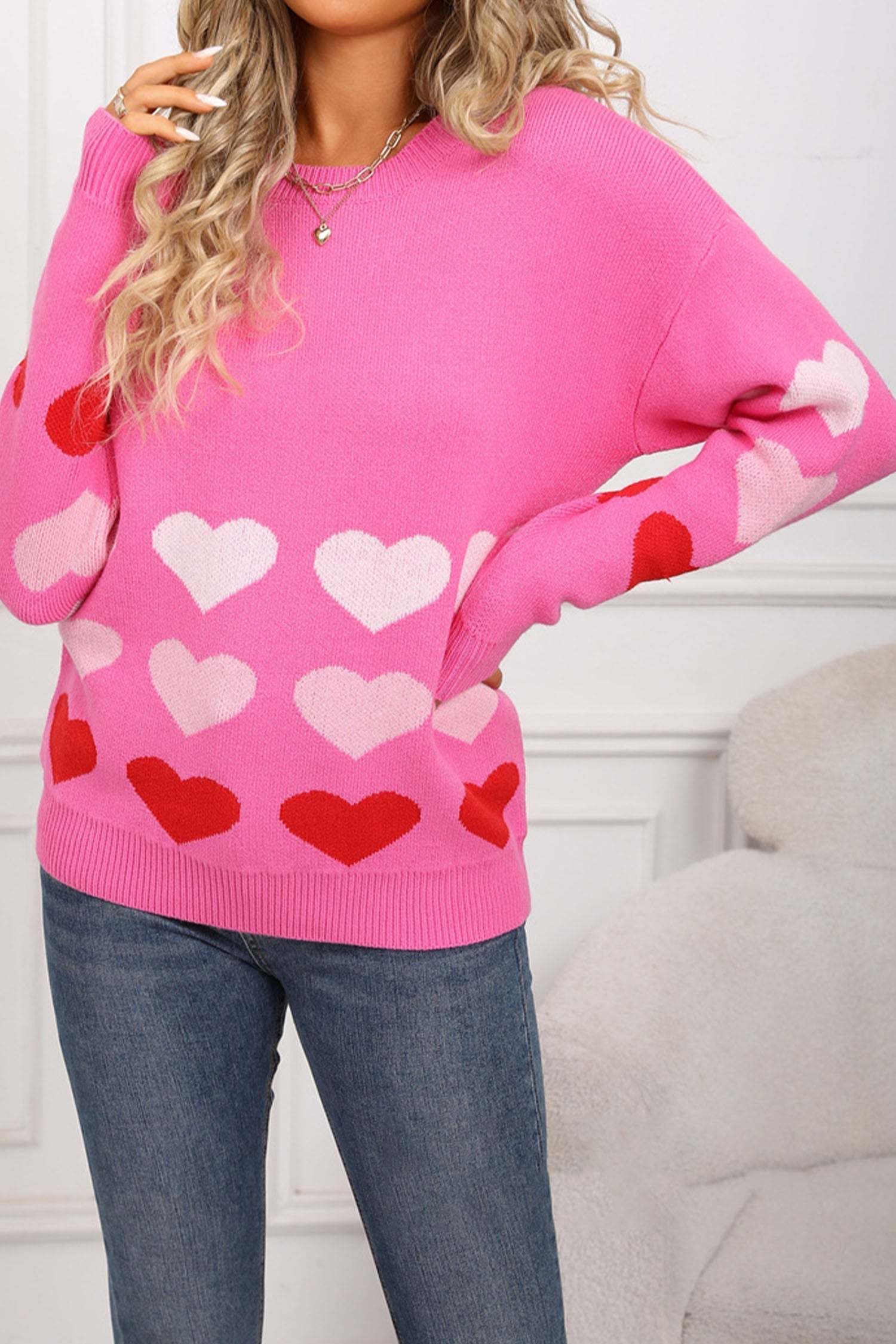 Cozy Romantic Rose Red Drop Shoulder Sweater for Women with Heart Pattern - Stylish Fall Essential for Any Occasion - MacroPanora