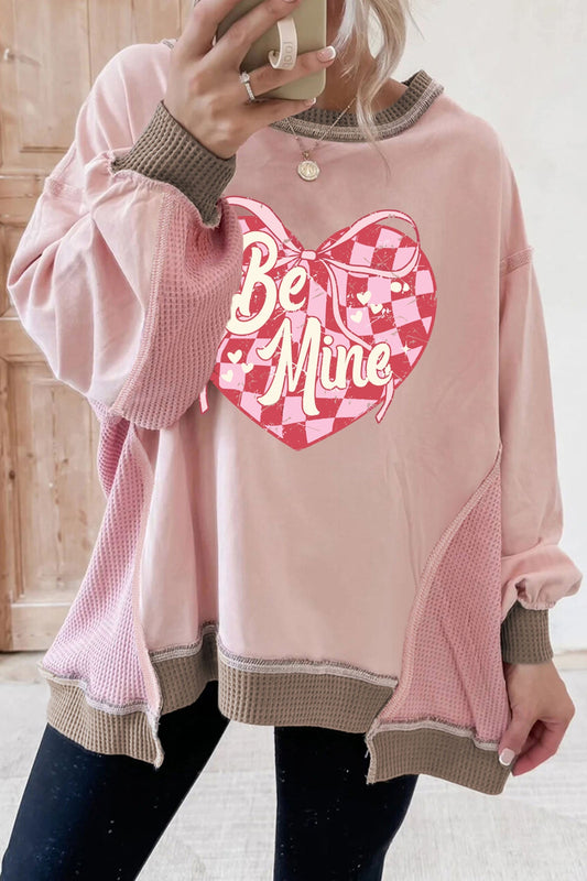 Cozy Women's Light Pink Color Block Heart Print Sweatshirt - Stylish Waffled Patchwork with Trendy Checkered Design - MacroPanora