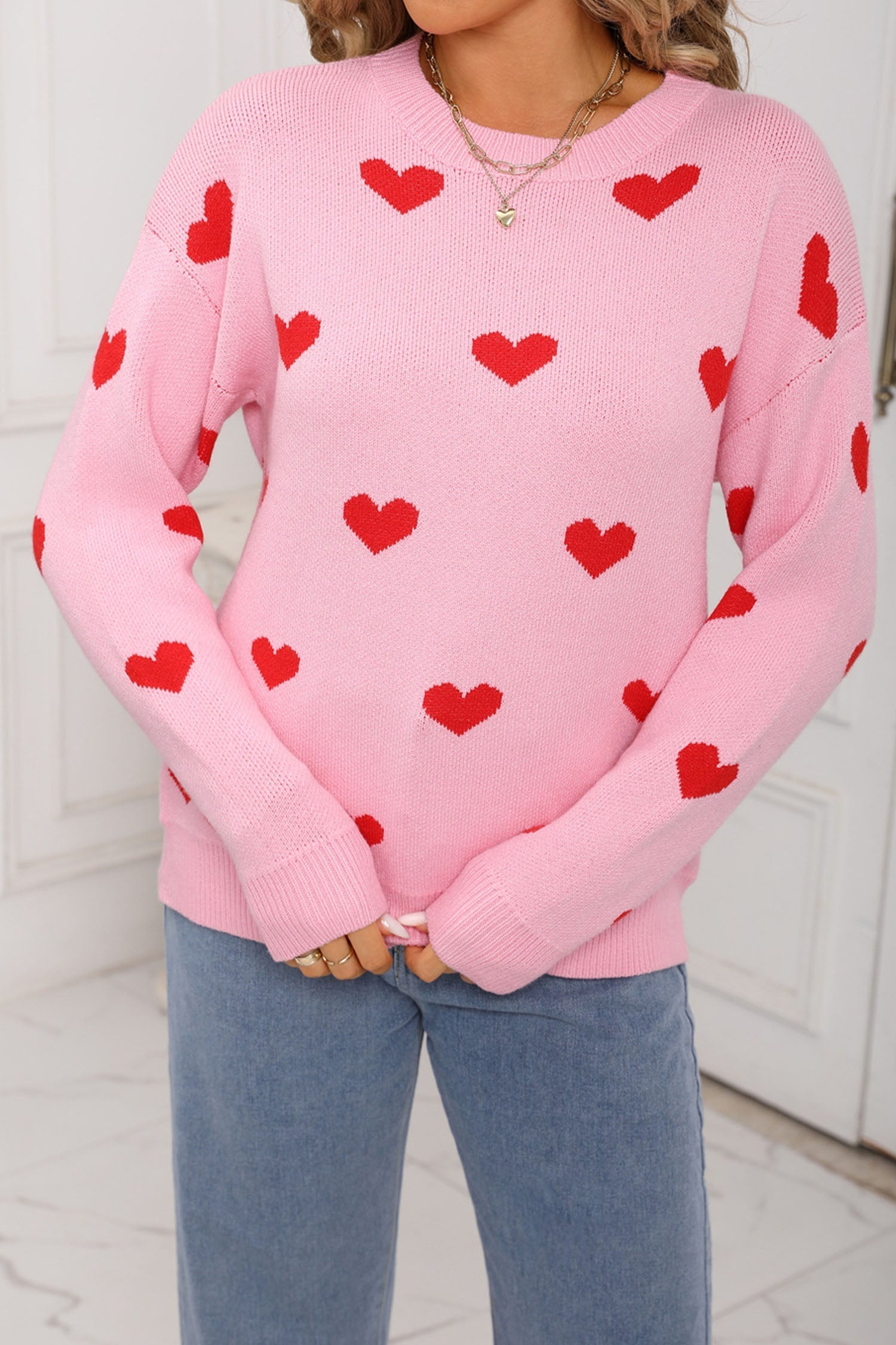 Cozy Women's Pink Heart Print Sweater with Drop Shoulders and Classic Round Neck for Casual Everyday Style - MacroPanora