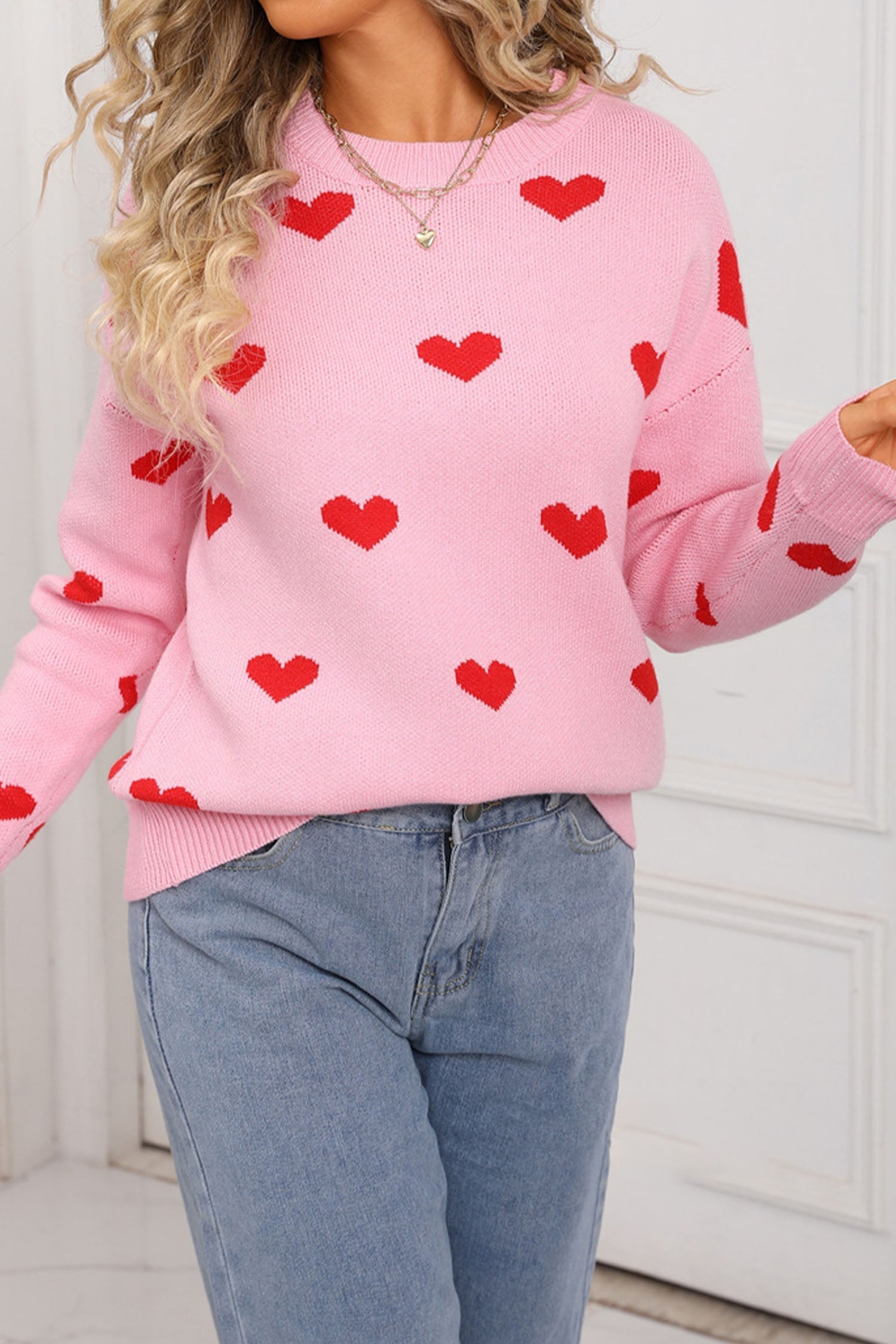 Cozy Women's Pink Heart Print Sweater with Drop Shoulders and Classic Round Neck for Casual Everyday Style - MacroPanora
