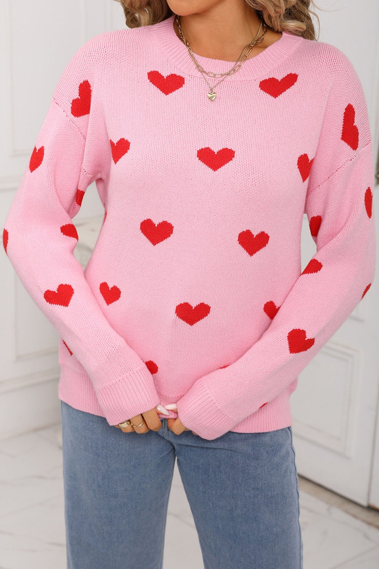 Cozy Women's Pink Heart Print Sweater with Drop Shoulders and Classic Round Neck for Casual Everyday Style - MacroPanora