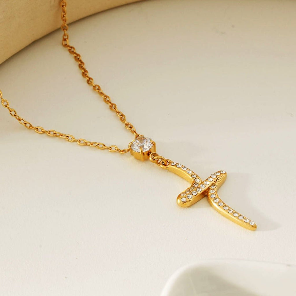 CRISTO Gold: Dainty Chain Necklace with a Zirconia Embedded Abstract Textured Cross Pendent - MacroPanora