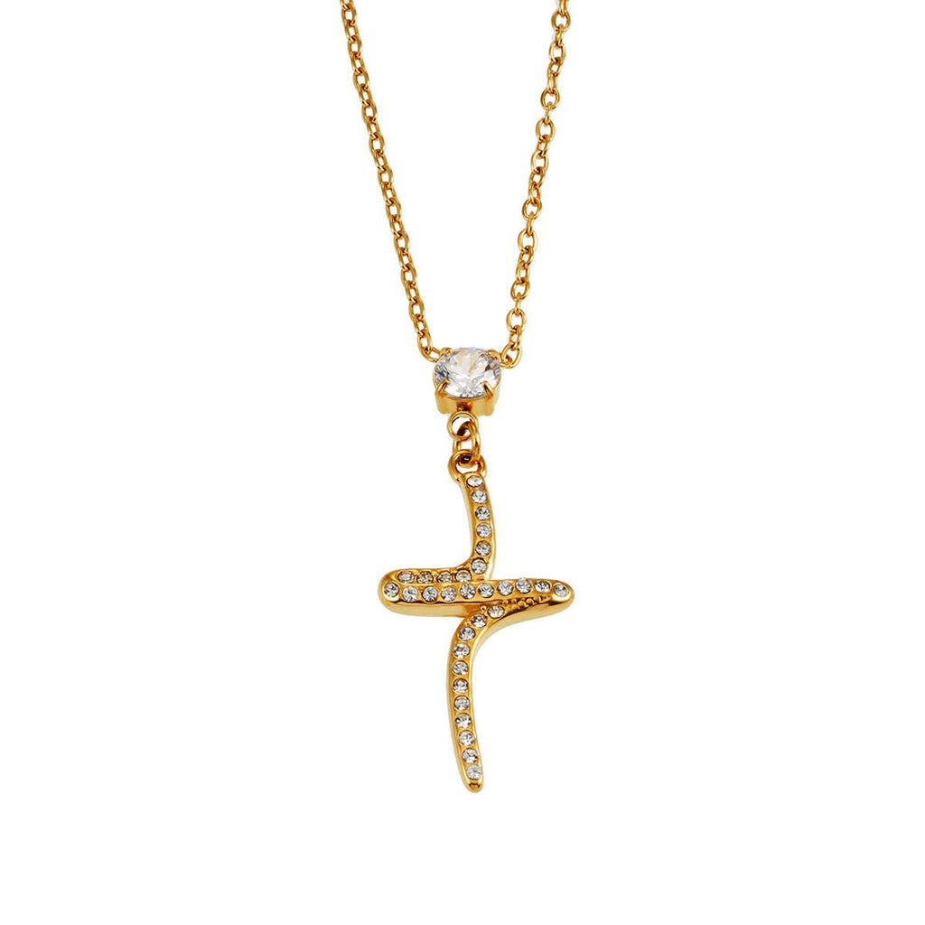 CRISTO Gold: Dainty Chain Necklace with a Zirconia Embedded Abstract Textured Cross Pendent - MacroPanora