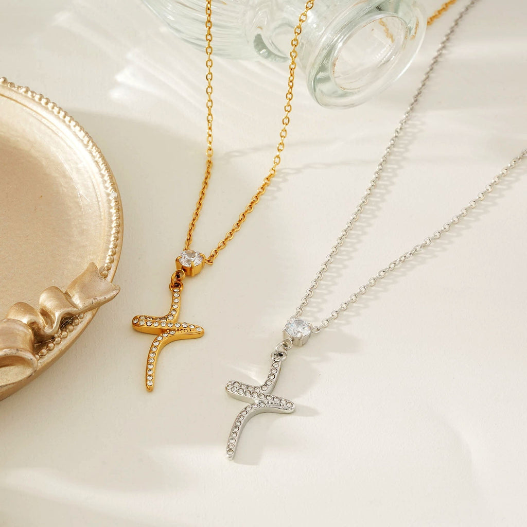 CRISTO Gold: Dainty Chain Necklace with a Zirconia Embedded Abstract Textured Cross Pendent - MacroPanora
