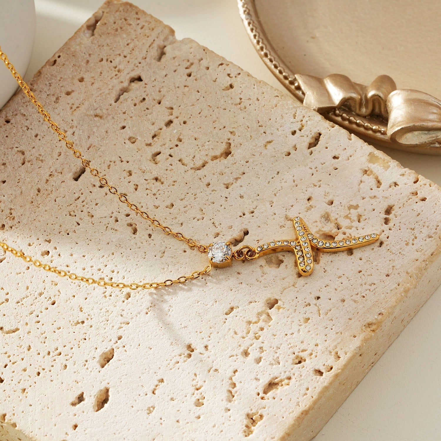 CRISTO Gold: Dainty Chain Necklace with a Zirconia Embedded Abstract Textured Cross Pendent - MacroPanora