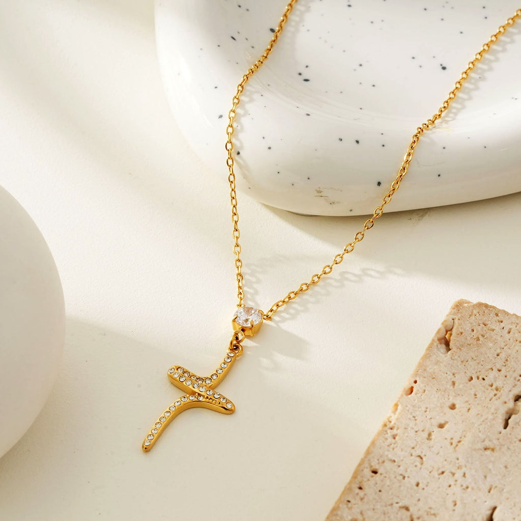 CRISTO Gold: Dainty Chain Necklace with a Zirconia Embedded Abstract Textured Cross Pendent - MacroPanora