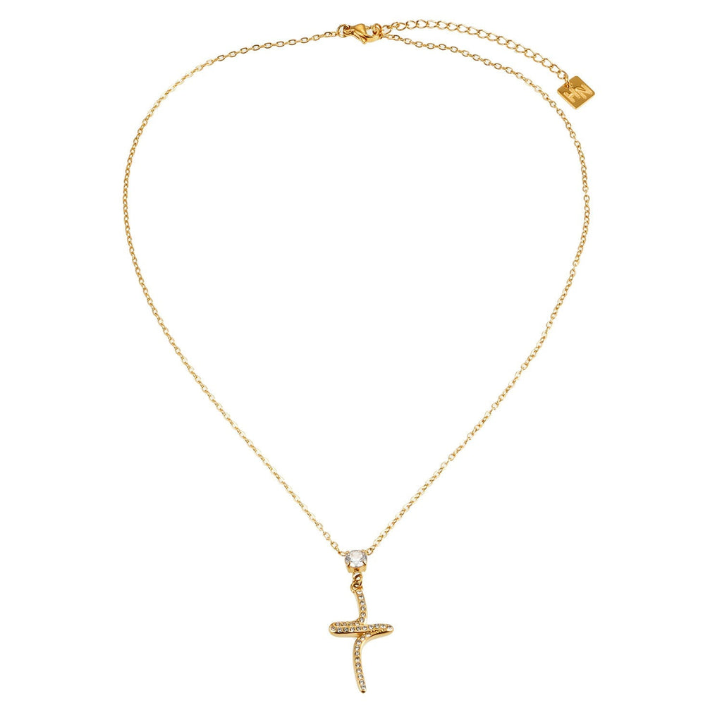 CRISTO Gold: Dainty Chain Necklace with a Zirconia Embedded Abstract Textured Cross Pendent - MacroPanora