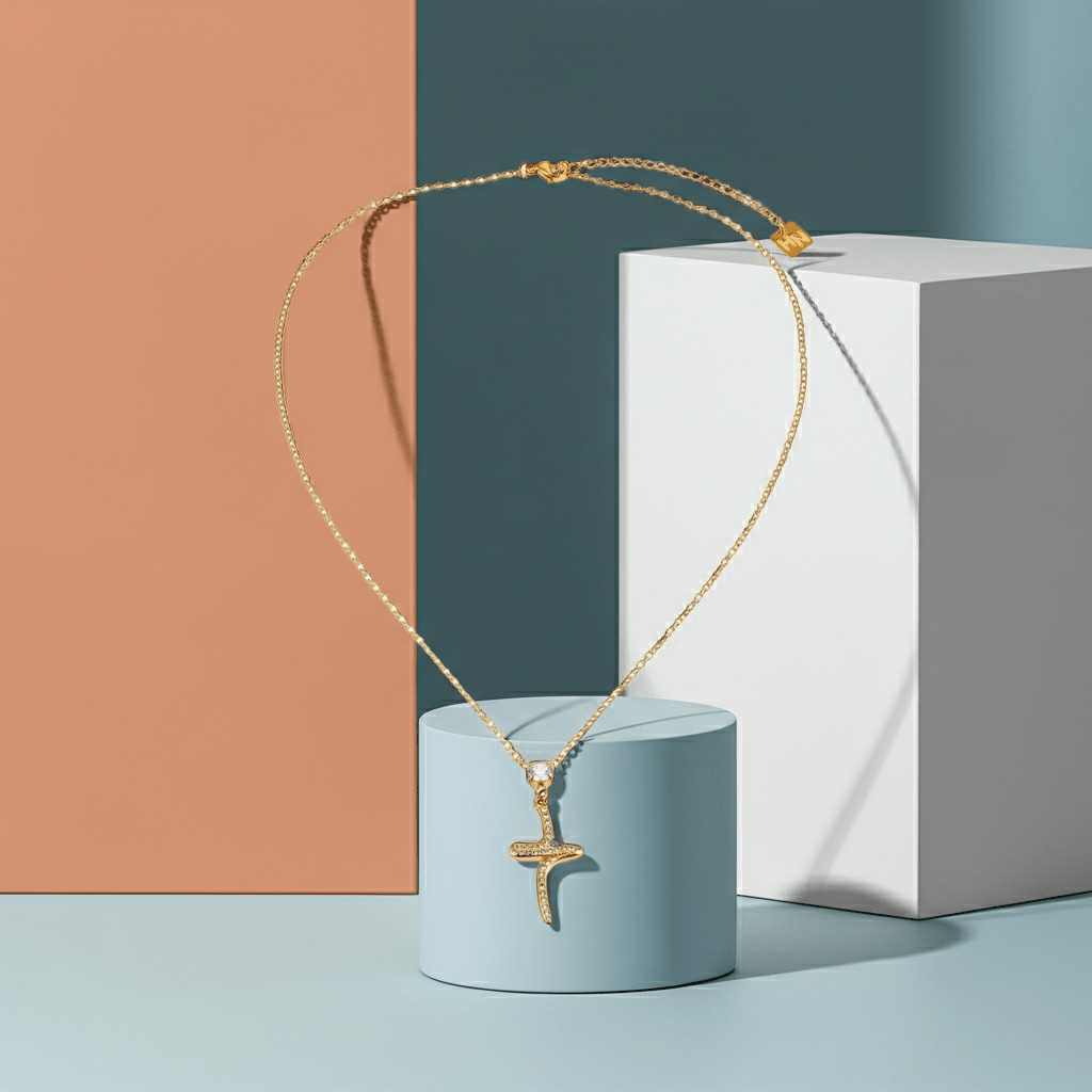 CRISTO Gold: Dainty Chain Necklace with a Zirconia Embedded Abstract Textured Cross Pendent - MacroPanora