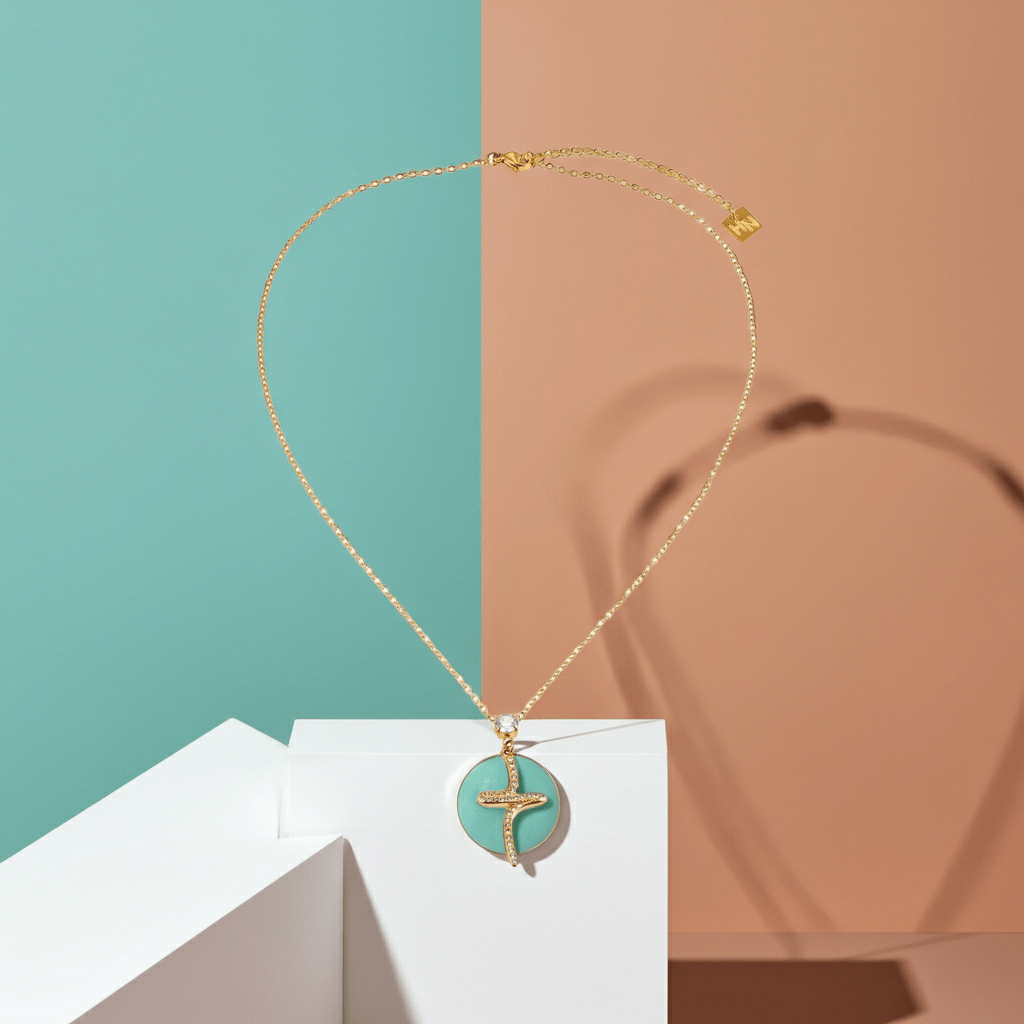 CRISTO Gold: Dainty Chain Necklace with a Zirconia Embedded Abstract Textured Cross Pendent - MacroPanora