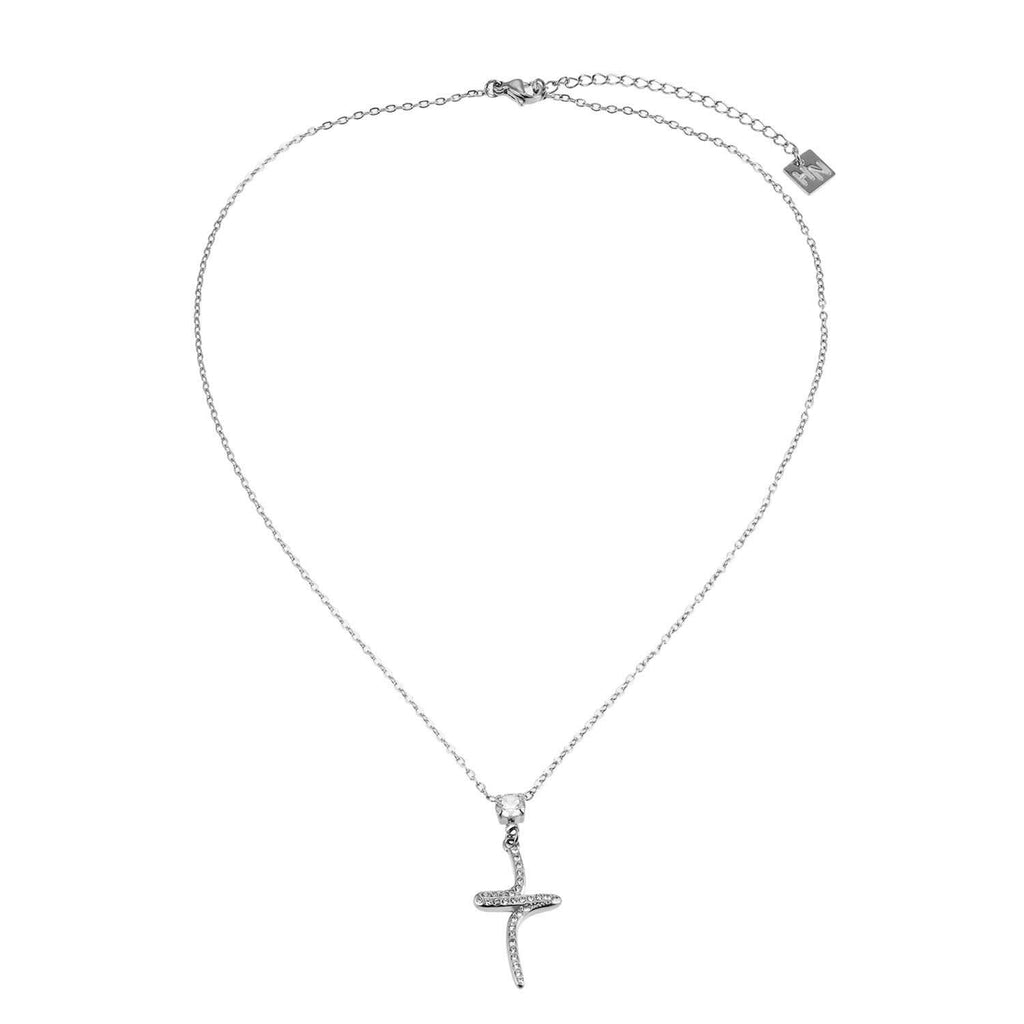 CRISTO Silver (White Gold): Dainty Chain Necklace with a Zirconia Embedded Abstract Textured Cross Pendent - MacroPanora