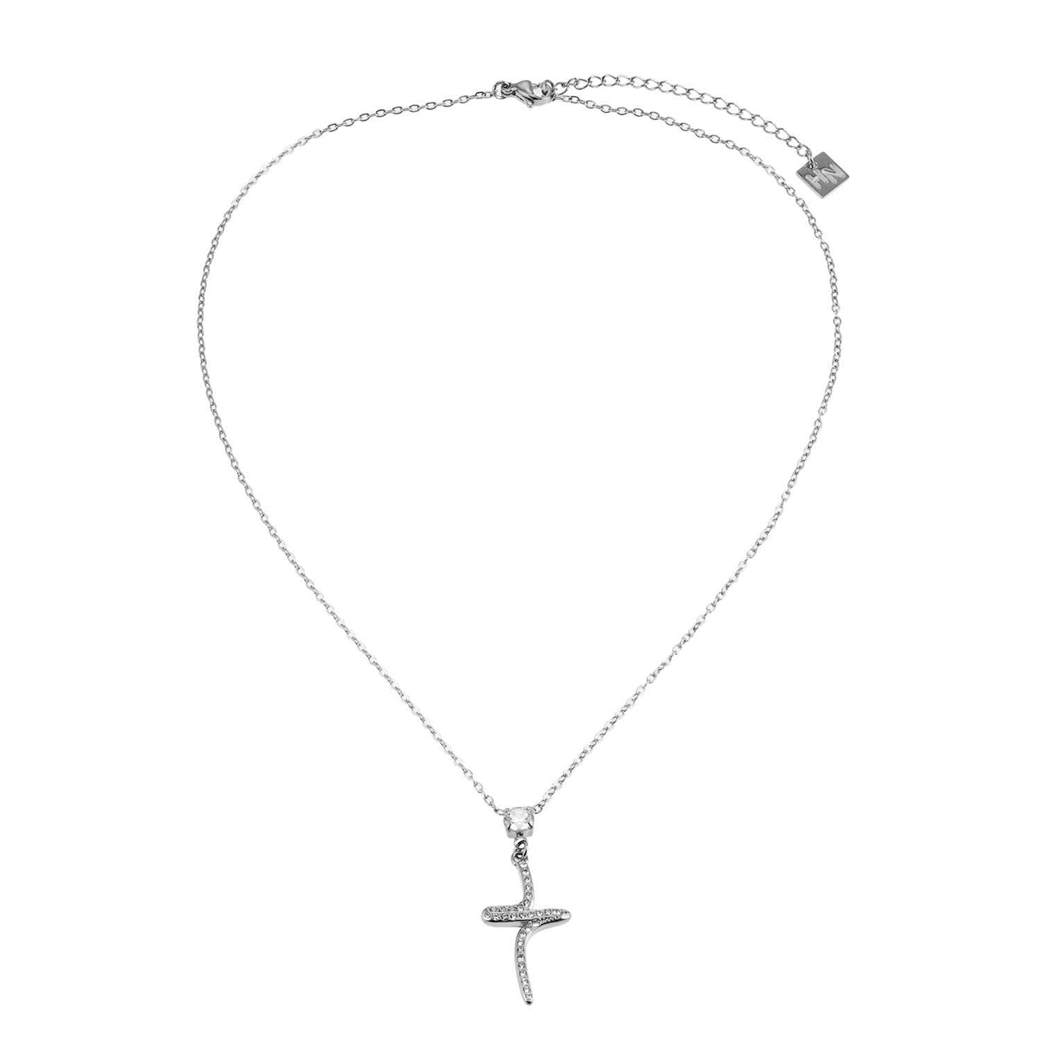 CRISTO Silver (White Gold): Dainty Chain Necklace with a Zirconia Embedded Abstract Textured Cross Pendent - MacroPanora