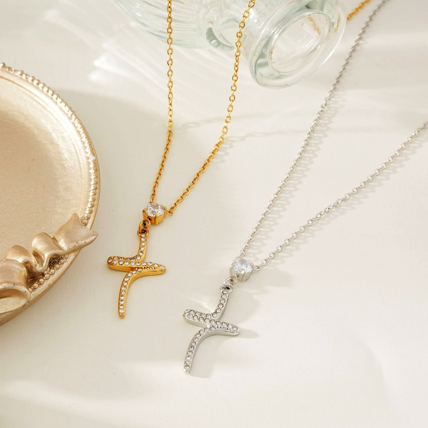 CRISTO Silver (White Gold): Dainty Chain Necklace with a Zirconia Embedded Abstract Textured Cross Pendent - MacroPanora