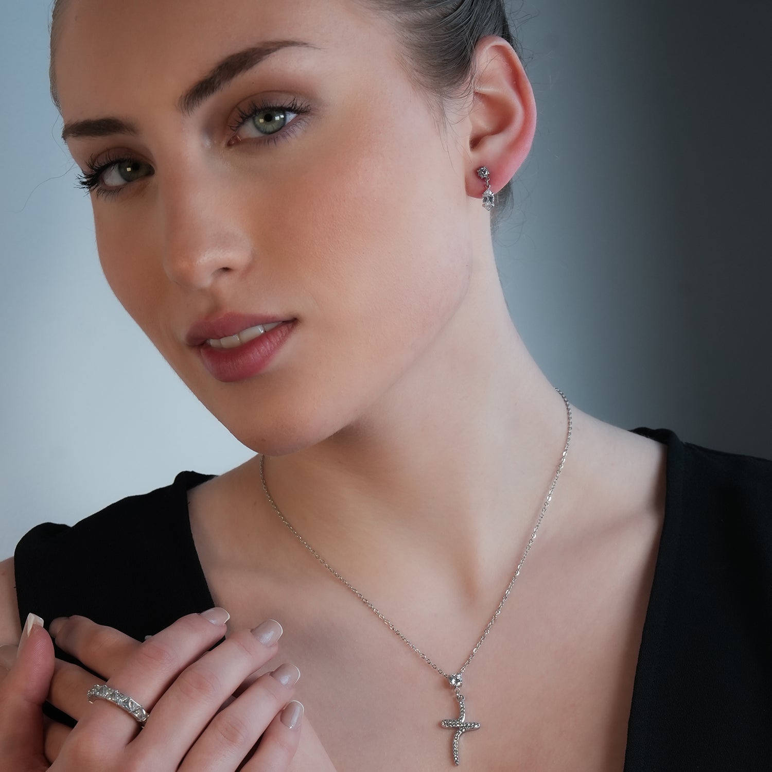 CRISTO Silver (White Gold): Dainty Chain Necklace with a Zirconia Embedded Abstract Textured Cross Pendent - MacroPanora