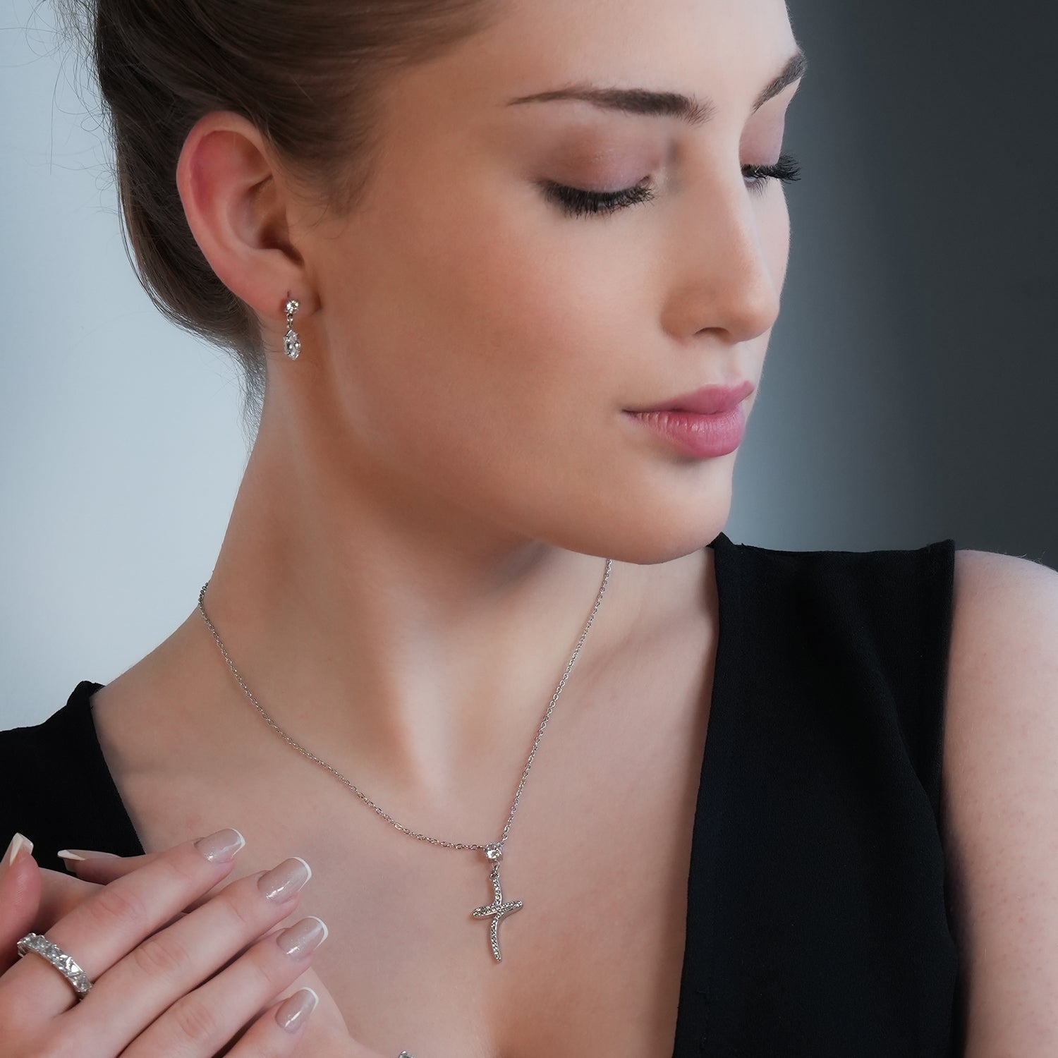 CRISTO Silver (White Gold): Dainty Chain Necklace with a Zirconia Embedded Abstract Textured Cross Pendent - MacroPanora