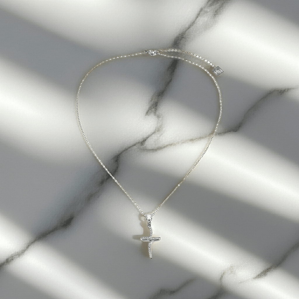 CRISTO Silver (White Gold): Dainty Chain Necklace with a Zirconia Embedded Abstract Textured Cross Pendent - MacroPanora