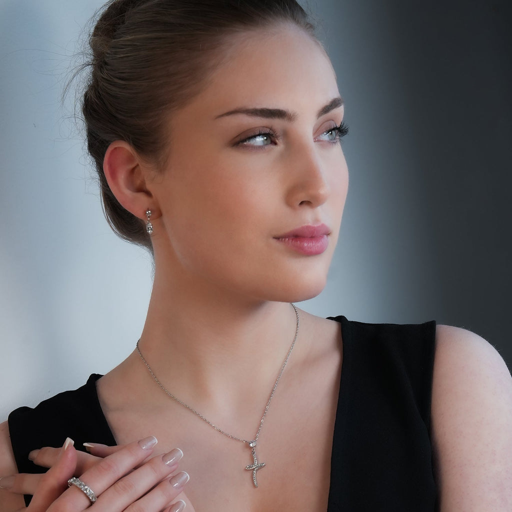 CRISTO Silver (White Gold): Dainty Chain Necklace with a Zirconia Embedded Abstract Textured Cross Pendent - MacroPanora