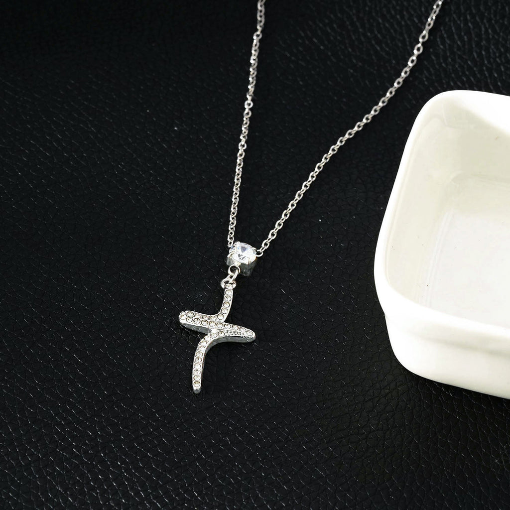 CRISTO Silver (White Gold): Dainty Chain Necklace with a Zirconia Embedded Abstract Textured Cross Pendent - MacroPanora