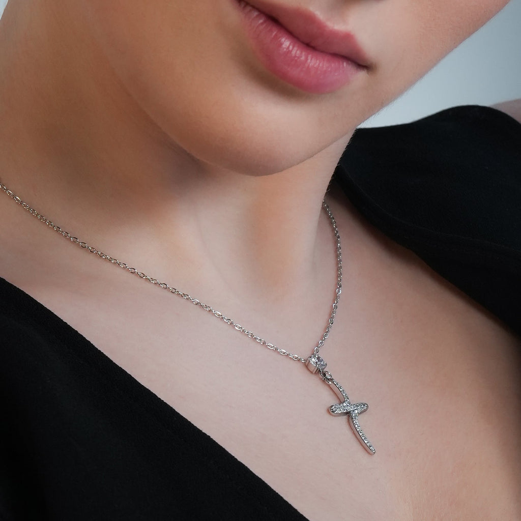 CRISTO Silver (White Gold): Dainty Chain Necklace with a Zirconia Embedded Abstract Textured Cross Pendent - MacroPanora