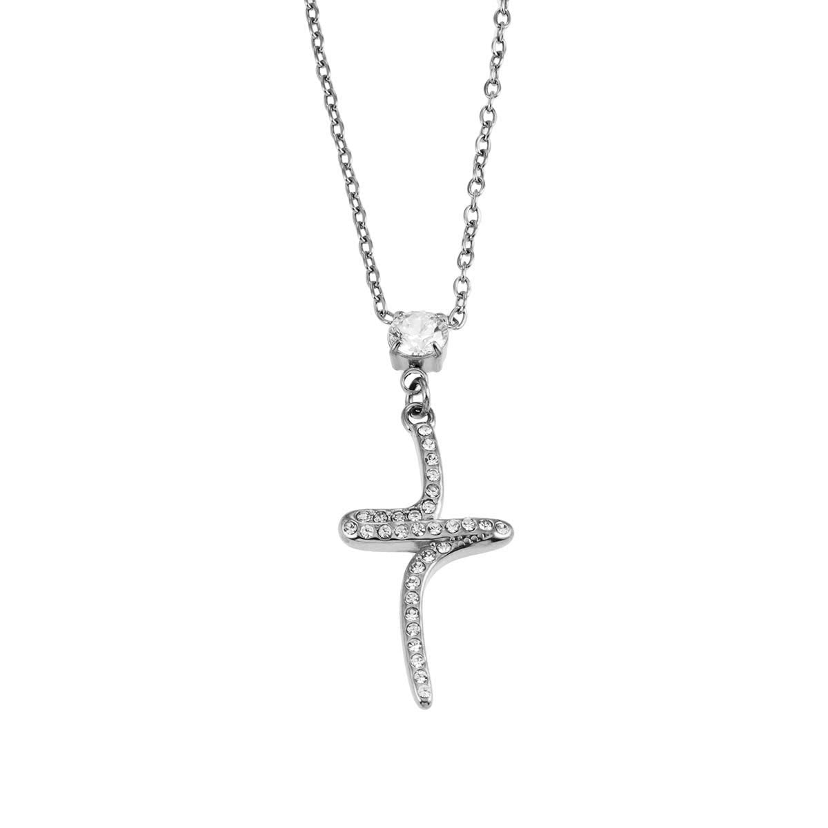 CRISTO Silver (White Gold): Dainty Chain Necklace with a Zirconia Embedded Abstract Textured Cross Pendent - MacroPanora