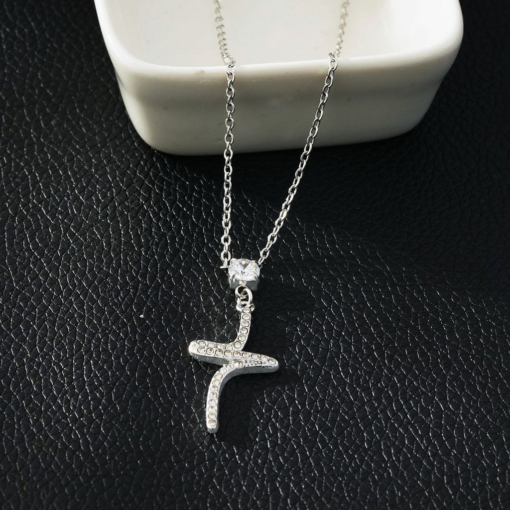 CRISTO Silver (White Gold): Dainty Chain Necklace with a Zirconia Embedded Abstract Textured Cross Pendent - MacroPanora