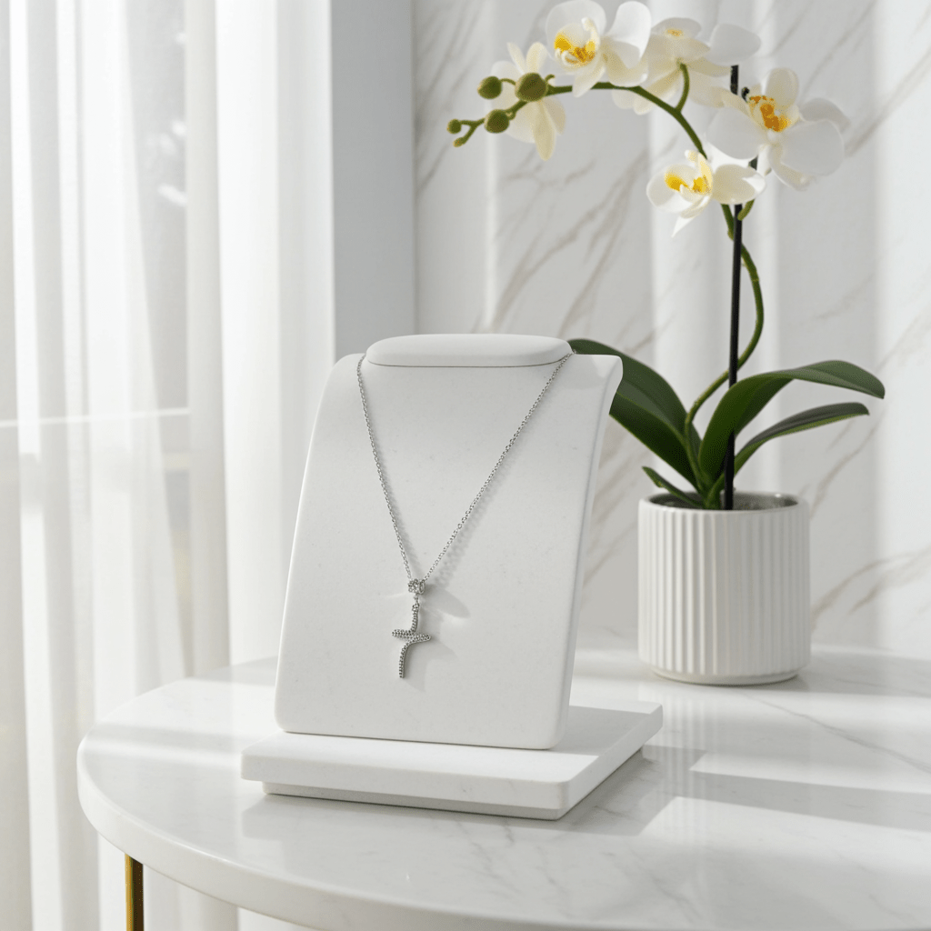 CRISTO Silver (White Gold): Dainty Chain Necklace with a Zirconia Embedded Abstract Textured Cross Pendent - MacroPanora