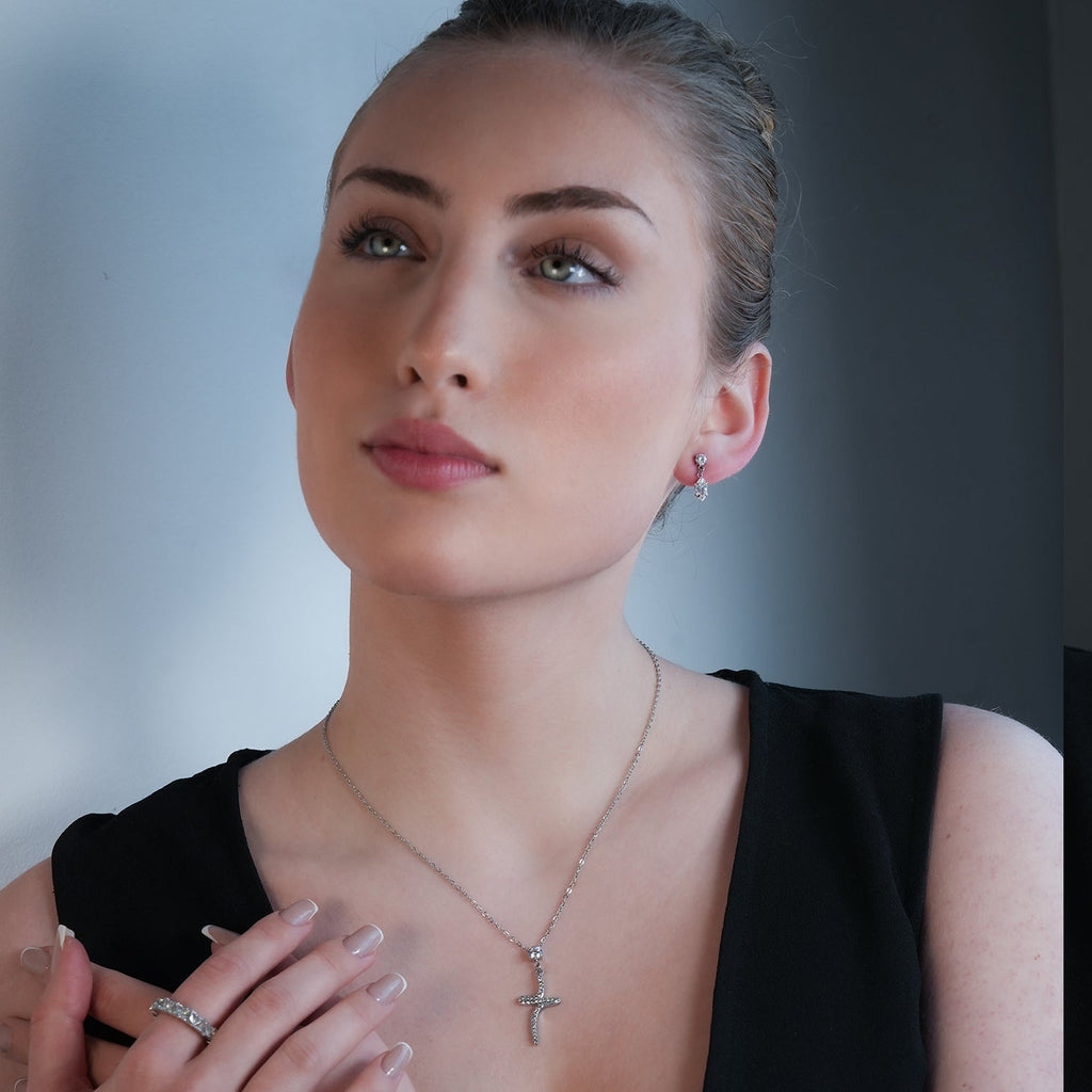 CRISTO Silver (White Gold): Dainty Chain Necklace with a Zirconia Embedded Abstract Textured Cross Pendent - MacroPanora