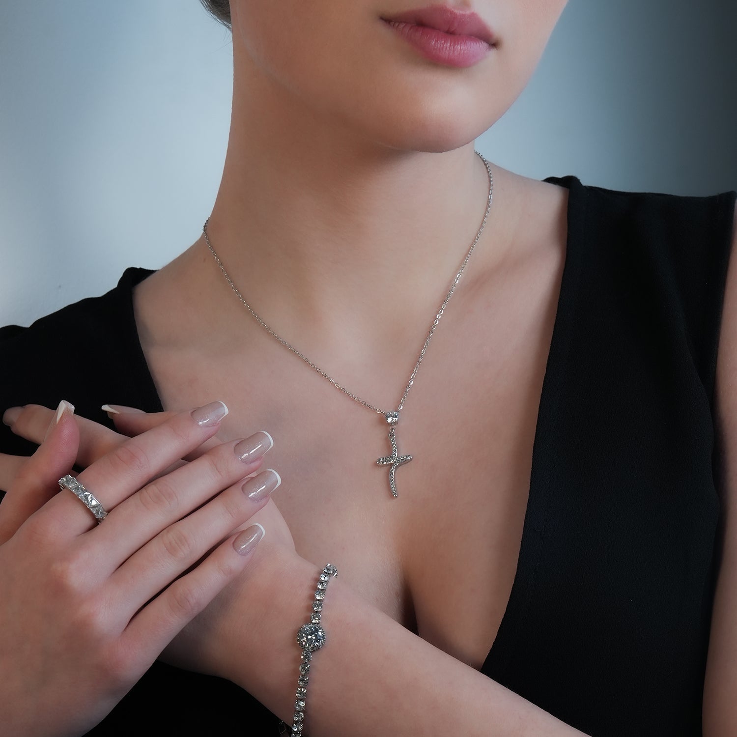 CRISTO Silver (White Gold): Dainty Chain Necklace with a Zirconia Embedded Abstract Textured Cross Pendent - MacroPanora