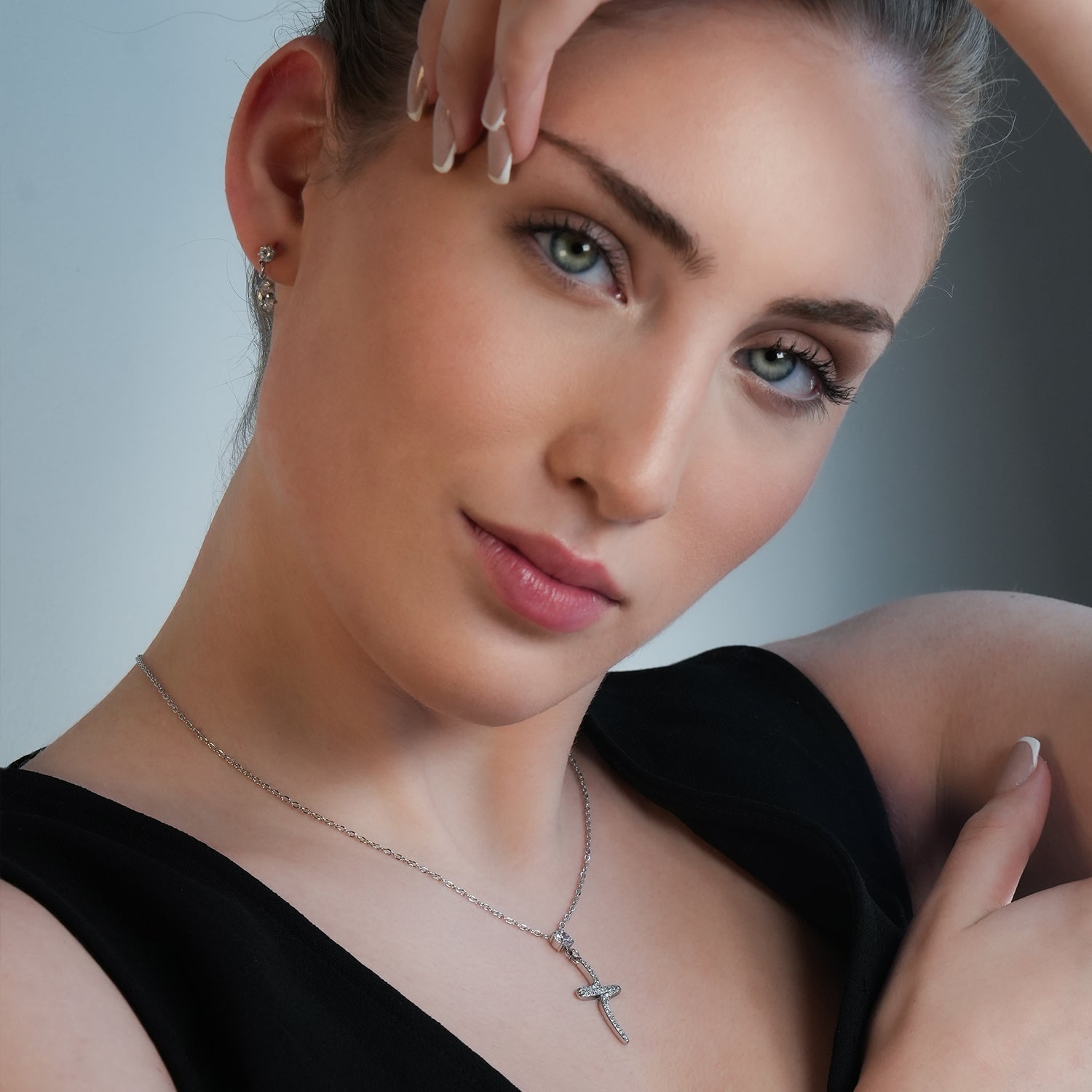 CRISTO Silver (White Gold): Dainty Chain Necklace with a Zirconia Embedded Abstract Textured Cross Pendent - MacroPanora