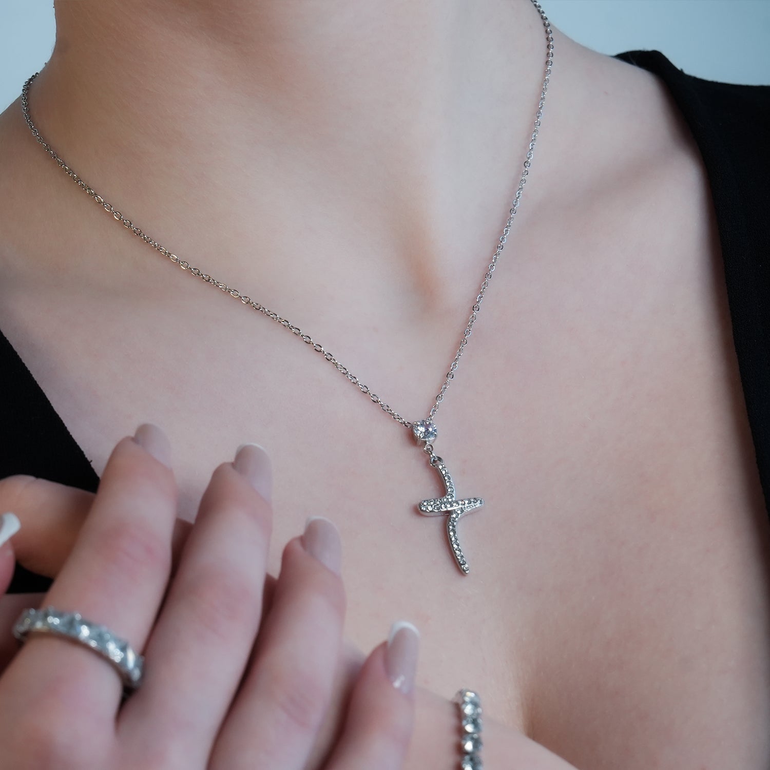 CRISTO Silver (White Gold): Dainty Chain Necklace with a Zirconia Embedded Abstract Textured Cross Pendent - MacroPanora
