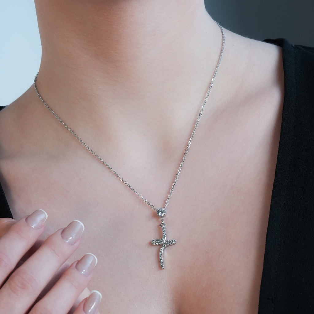 CRISTO Silver (White Gold): Dainty Chain Necklace with a Zirconia Embedded Abstract Textured Cross Pendent - MacroPanora