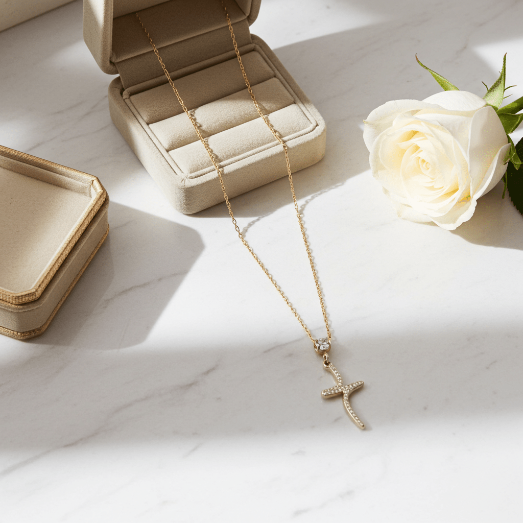 CRISTO Silver (White Gold): Dainty Chain Necklace with a Zirconia Embedded Abstract Textured Cross Pendent - MacroPanora