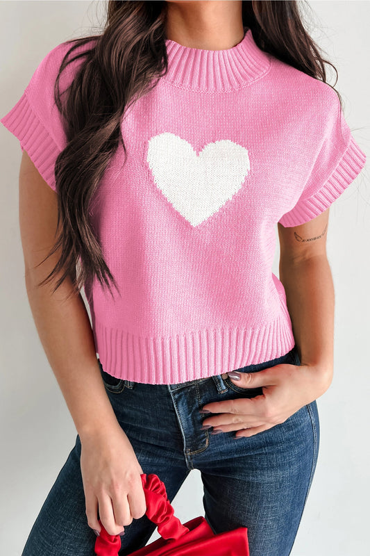 Cute Women's Pink Heart Graphic Cropped Sweater - Trendy Short Sleeve Top for Casual Spring Outfits - MacroPanora