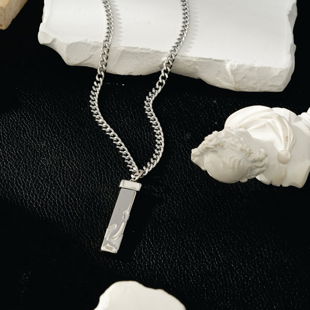 DAKARIA SILVER (White Gold): Chipped Effect Geometric Pendant on a Link Chain For Men & Women - MacroPanora