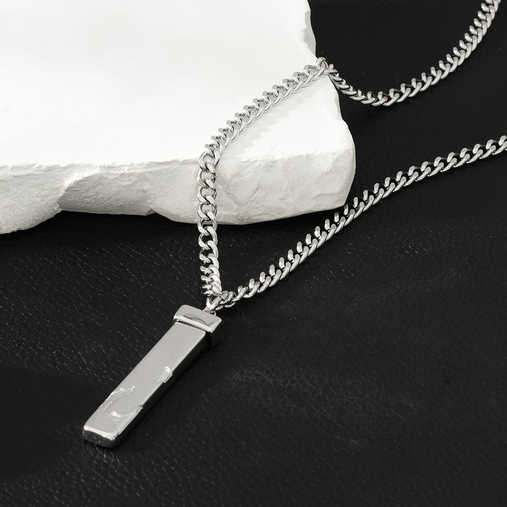 DAKARIA SILVER (White Gold): Chipped Effect Geometric Pendant on a Link Chain For Men & Women - MacroPanora