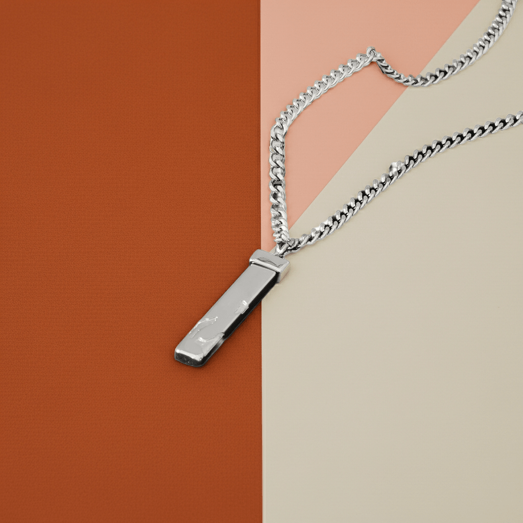 DAKARIA SILVER (White Gold): Chipped Effect Geometric Pendant on a Link Chain For Men & Women - MacroPanora