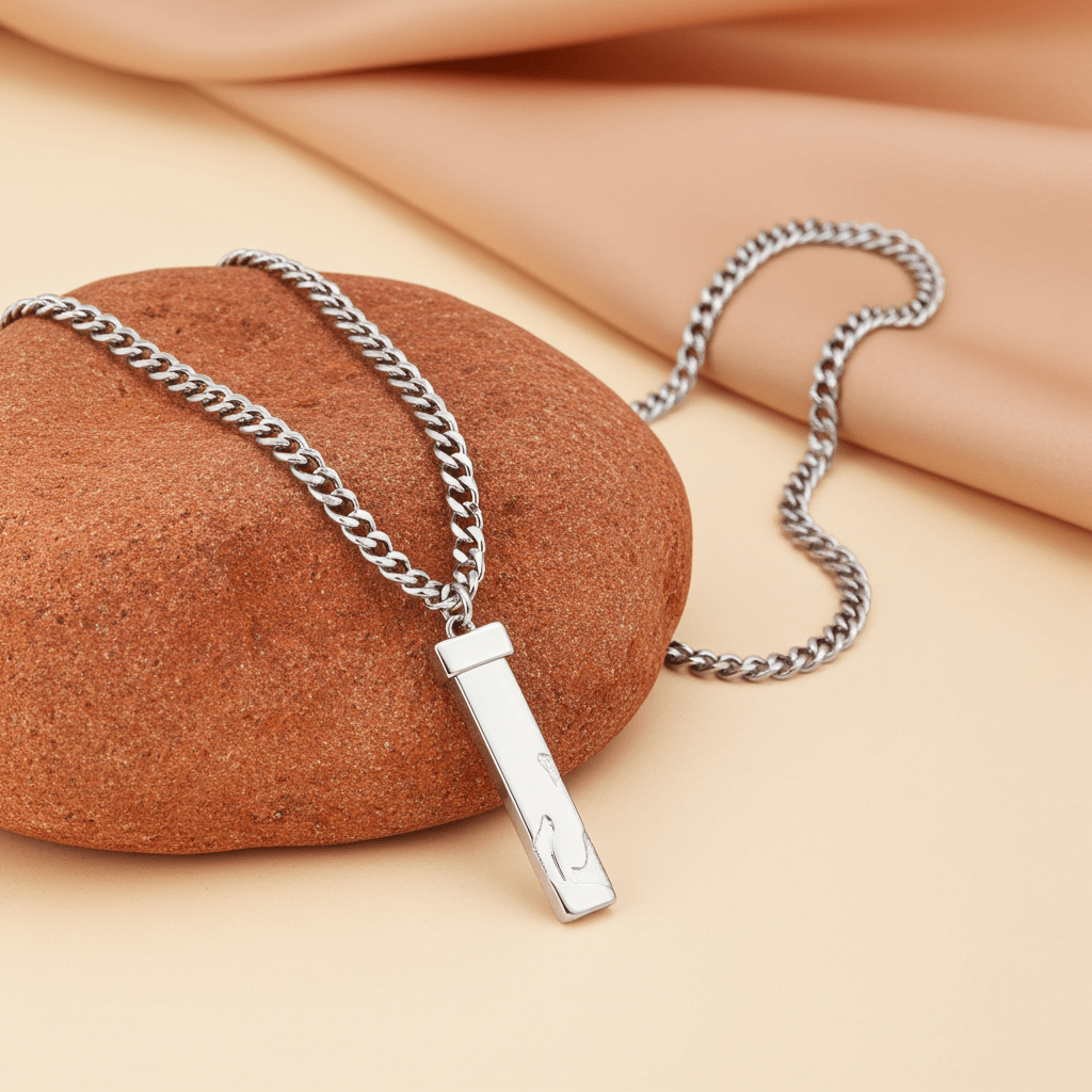 DAKARIA SILVER (White Gold): Chipped Effect Geometric Pendant on a Link Chain For Men & Women - MacroPanora