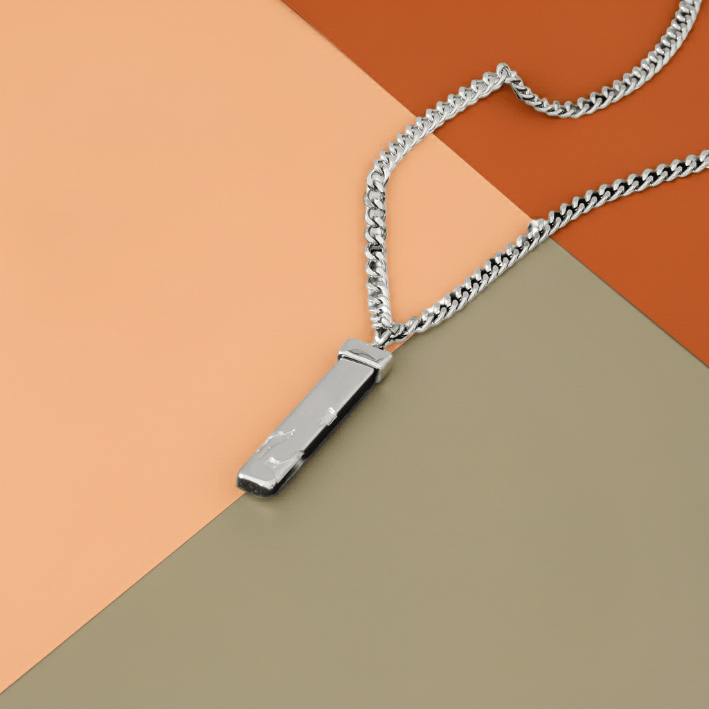 DAKARIA SILVER (White Gold): Chipped Effect Geometric Pendant on a Link Chain For Men & Women - MacroPanora